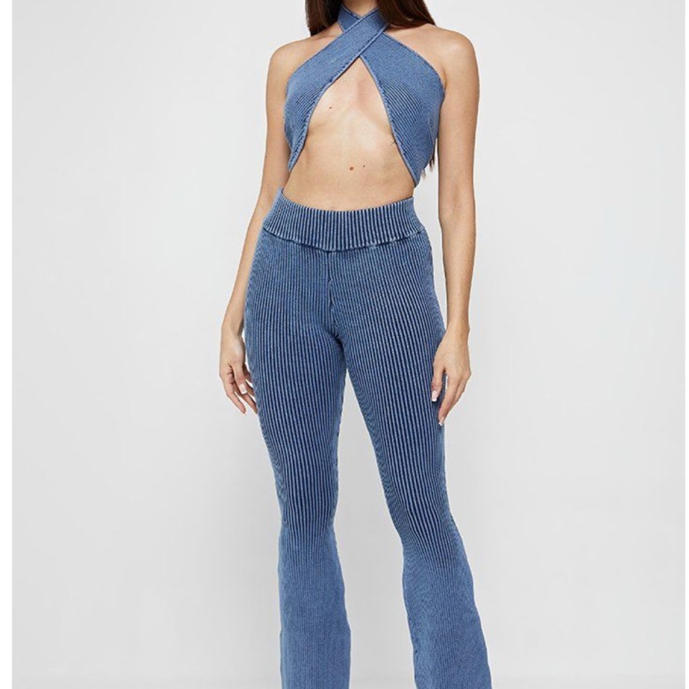 Maniere De Voir Blue Halter Ribbed Jumpsuit